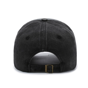 Classic washed denim baseball cap with adjustable metal buckle back closure in dark grey