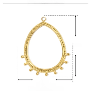 Detailed technical diagram of a golden stainless steel teardrop pendant with dimensions
