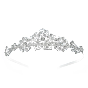 Detail shot of silver alloy crown headband with intricate flower patterns and rhinestones