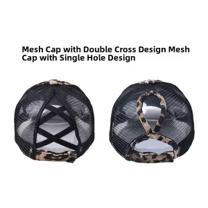 Detail of leopard print mesh baseball caps showing double cross straps and ponytail hole