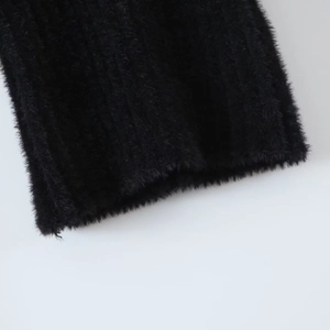 Women's V-neck knit top in black faux mink hair with premium ribbed texture detail