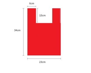 Detailed dimension chart of red knitted handbag showing width 23cm and height 34cm