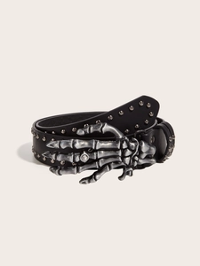 Detail of punk leather belt featuring silver skull hand buckle with rhinestone and rivets