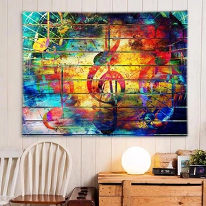 Détail d'une tapisserie musicale abstraite avec clé de sol colorée sur bois