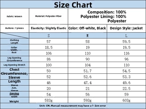 Size chart for women's casual fashion jacket with detailed polyester fabric measurements
