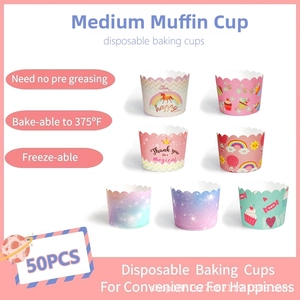 Detail of multi-color cartoon muffin liners showing heat-resistant 375°F paper texture