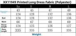 Size chart showing bust and length measurements for the printed maxi dress