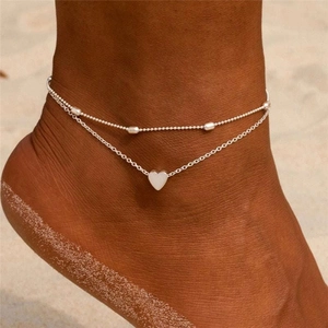 Double Layer Stainless Steel Heart Pendant Anklet Beaded Beach Jewelry For Women Summer Style