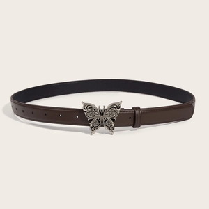 Minimalist vintage dark brown leather belt with retro silver butterfly buckle on beige