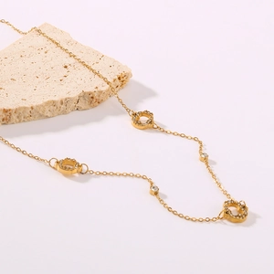 French vintage style gold plated stainless steel necklace with hollow diamond rings