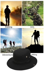 Tactical black boonie hat details with breathable metal eyelets for outdoor hiking and fishing