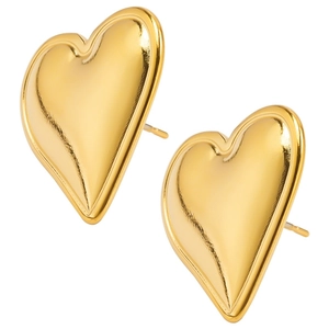 Macro detail of polished 3D heart-shaped gold stud earrings with a glossy mirror finish