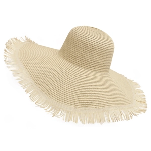 Detailed view of woven straw beach hat texture with stylish frayed edge and wide brim