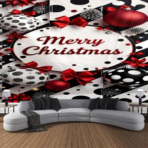Detail showing Merry Christmas wall tapestry with red bows and silver pinecones on fabric