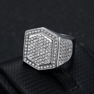 Luxurious hip hop hexagonal silver ring for men with fully iced out sparkling crystals