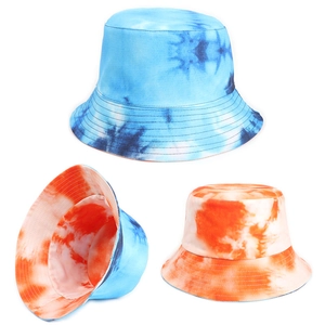 Double-sided tie-dye bucket hat in blue and orange patterns for outdoor sun protection