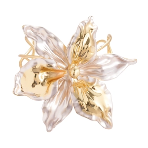 Exaggerated golden metal flower open cuff bracelet with pearlescent white petals