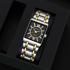 Reloj de negocios cuadrado para hombre en plata y oro con esfera negra y correa metal