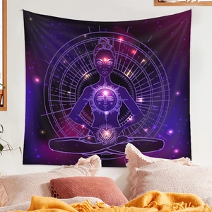 Detailed view of mystical meditation tapestry with starlit sun design in cozy room setting