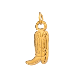 Detailed macro view of a 18K gold-plated stainless steel cowboy boot charm on white background
