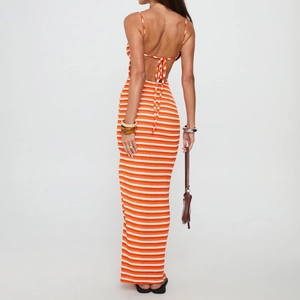 Slim fit orange and white striped backless knitted maxi dress with lace-up straps