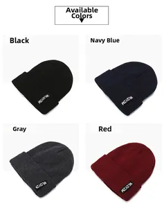 Detailed grid showing black, navy, grey, and red ribbed knit beanies with patch logo