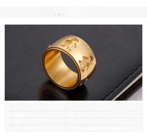 Detailed close-up of 18K gold-plated stainless steel ring with hollow boy and girl motif