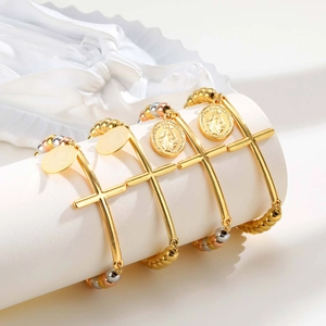 Stainless Steel Cross Beaded Bracelet With Religious Medal Tri-color Jewelry For Women Adjustable