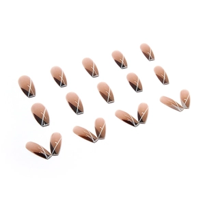 Long Japanese press-on nails with khaki gradient and minimalist geometric white lines