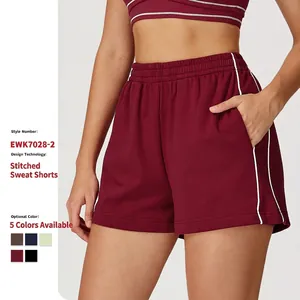 Pantaloncini Sportivi Donna Vita Alta Misto Cotone French Terry Elastico In Vita Strisce Laterali Tasche Casual Palestra