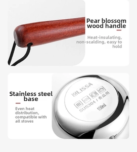 Detail view of 150ml stainless steel oil pot with pearwood handle and engraved bottom