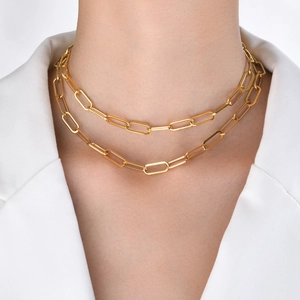 Double layered golden paperclip link chain necklace for women in minimalist style