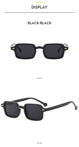 Front and 45-degree side views of classic retro square black sunglasses for men and women