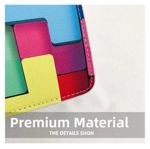 Macro shot of Saffiano leather texture with colorful geometric patterns and fine stitching