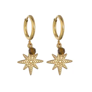 Boucles d'Oreilles Créoles en Acier Inoxydable Style Français Avec Pendentif Étoile Plume Et Perles Artificielles Bijoux Vintage Femme
