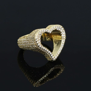 Hip hop style gold plated hollow heart ring with sparkling paved white zircons for men