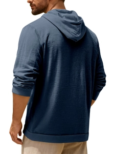 Back view detail of breathable navy cotton linen long sleeve hooded shirt for men