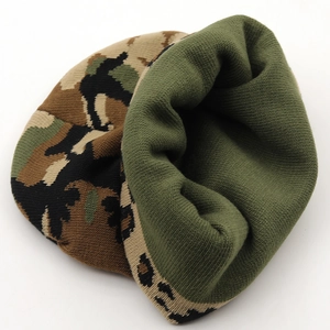 Close-up of reversible camouflage knit beanie showing army green texture and stitching