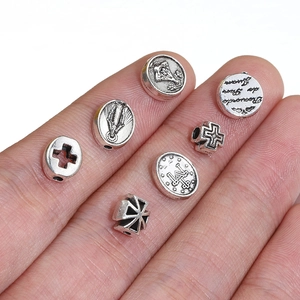 Set of 7 vintage silver-plated cross beads and portraits for DIY jewelry making