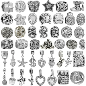 Cuentas De Dijes DIY Color Plata Aleación Diamante De Imitación Búho Corazón Corona Estrella Para Pulsera Joyería