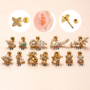 Set of 12 gold stainless steel stud earrings featuring zircon stars and butterflies