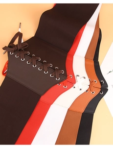 Selection of five vintage elastic corsets in black, red, white, and brown leather finishes