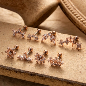Set of 8 rose gold cartilage earrings with zircon butterfly flower and star designs