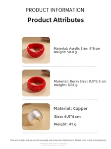 Detail list showing dimensions and materials of acrylic and resin geometric bangles