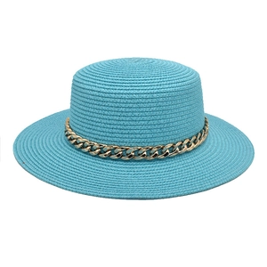 Chapeau Boater Femme Tissage De Paille Décoration Chaîne Dorée Haut Plat Bord Large Protection Solaire Vacances Plage