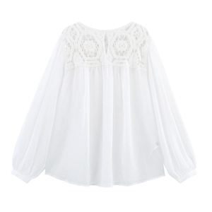 Elegant white long sleeve blouse with french lace cutouts and pleated loose fit design