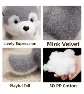 Close-up of soft mink velvet fabric and 3D PP cotton filling on Husky plush toy