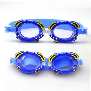 Blue crab style kids swim goggles with soft TPE frame and fog-free transparent lenses