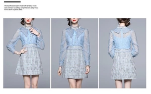 Detailed views of light blue tweed patchwork dress with lace top and floral embroidery