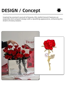 Detailed view of red rose brooch with inlaid rhinestones and elegant white pearl drop